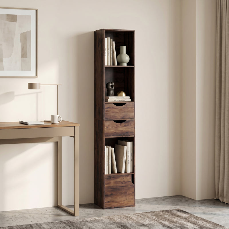 Slim Corner Bookcase with Adjustable Shelf and Storage Drawers for Small Spaces Rustic Brown