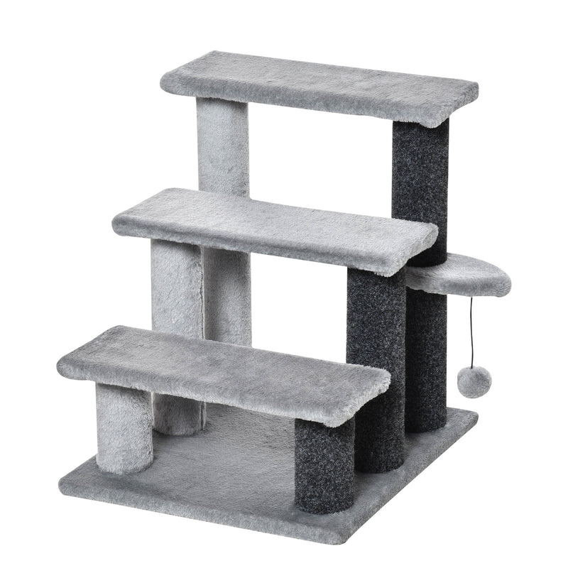 3 Step Pet Stairs with Scratching Posts and Toy Ball for Cats and Small Dogs Grey