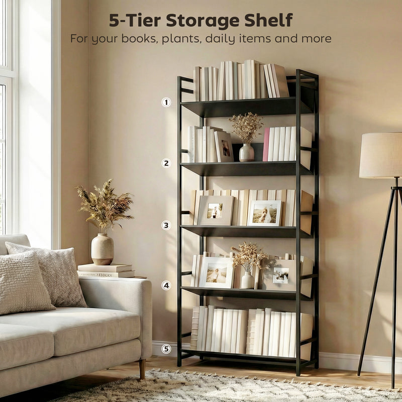 5 Tier Bookcase and Room Divider with Anti Fall Shelves for Organised Storage Black AOSOM