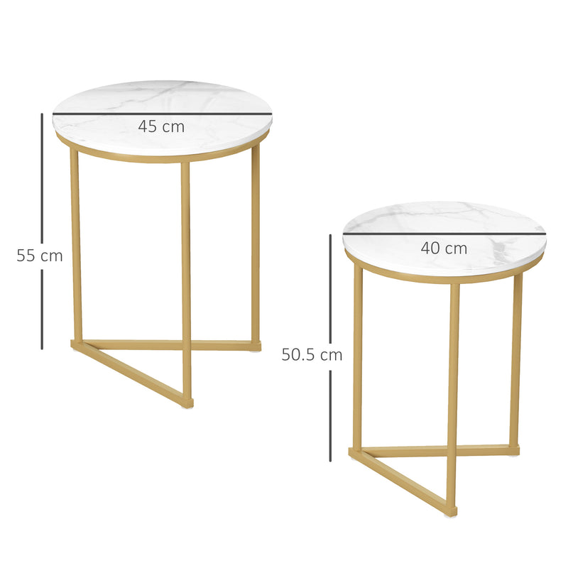 Set of Two White Marble Effect Nesting Tables with Gold Tone Frame by HOMCOM