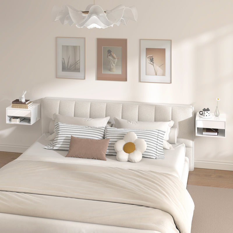 Floating Bedside Tables Set of 2 with Drawer and Shelf for Space Saving Storage High Gloss White AOSOM