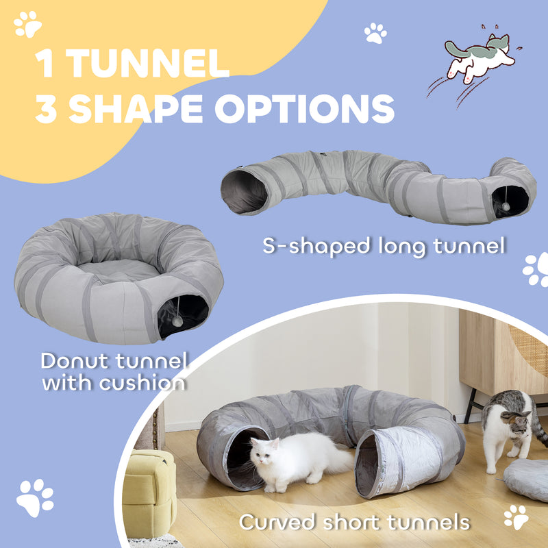2 in 1 Cat Tunnel and Bed with Hanging Ball and Peek Hole for Indoor Play, Grey AOSOM