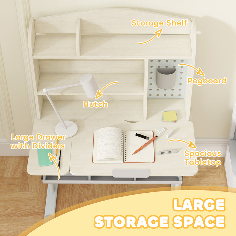 Height Adjustable Kids Study Desk With Tilt Top Storage Hutch And Pegboard Natural AOSOM
