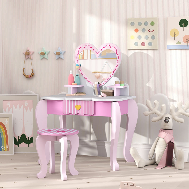 Pink Kids Dressing Table Set With Stool Mirror and Drawer by AIYAPLAY
