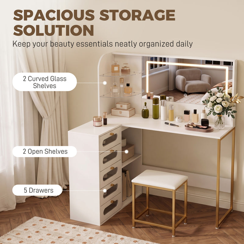 Corner Dressing Table Set with Adjustable LED Mirror and Organised Storage White Gold