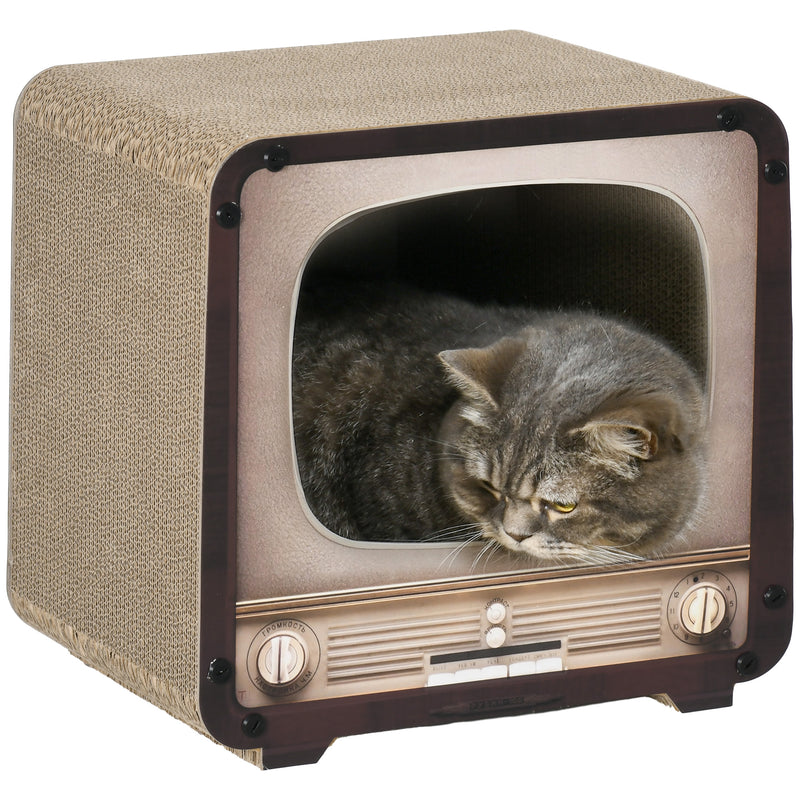 2 in 1 Cat Scratching House with TV Shape Design and Catnip for Indoor Use, Brown