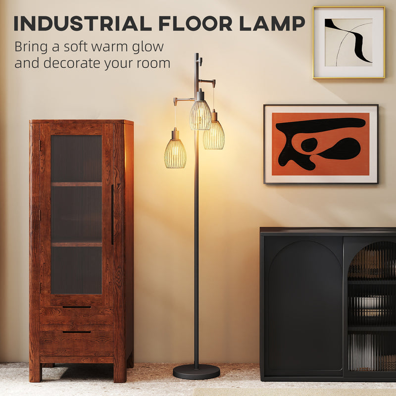 Industrial 3 Light LED Floor Lamp Dimmable Steel Cage Design For Living Room, Black