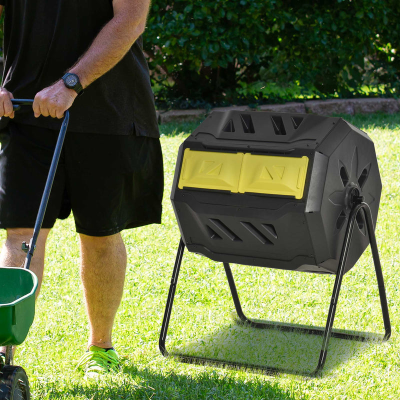 160L Dual Chamber Rotating Compost Bin Yellow Garden Waste Tumbler by Outsunny