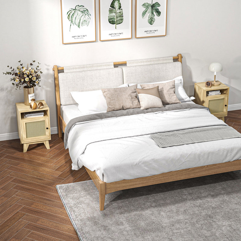 2 Piece Rattan Bedside Tables With Shelf and Cupboard for Bedroom Storage Natural