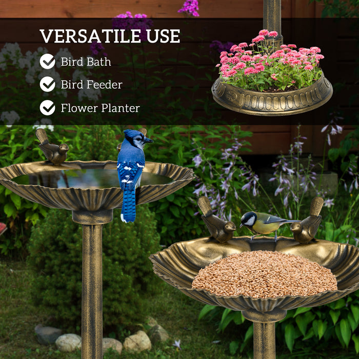 81cm Tall Vintage Style Bird Bath with Decorative Birds and Planter Base Bronze by Outsunny