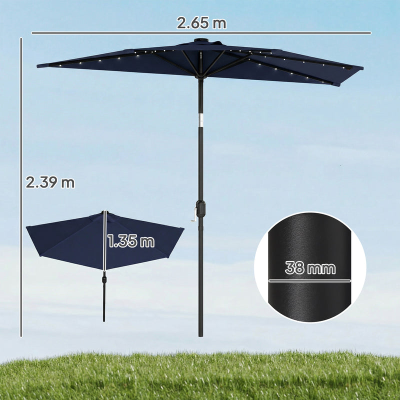 Half Parasol for Balcony or Small Patio with Solar LED Lights and Tilt, Dark Blue