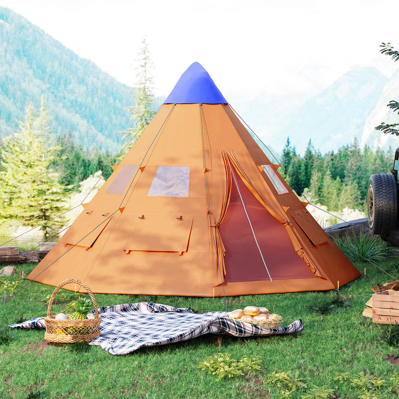 6 Person Tipi Tent with Easy Setup and Spacious Interior for Family Camping Orange Blue