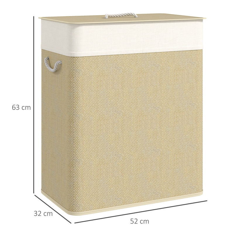 Cream 100L Double Laundry Basket with Lid and Removable Liner for Bathroom