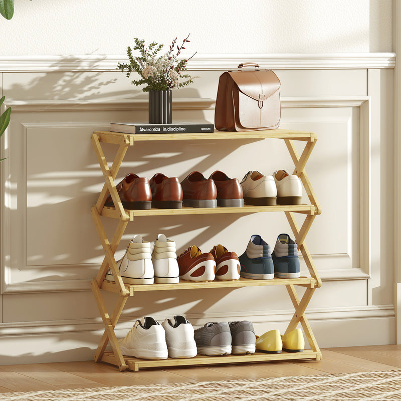 4 Tier Bamboo Shoe Rack Freestanding Storage Shelf No Assembly Required Natural AOSOM