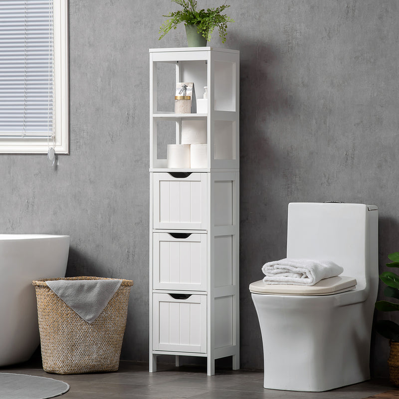 Tall Slim Bathroom Cabinet with Shelves and Drawers for Small Spaces White Homcom
