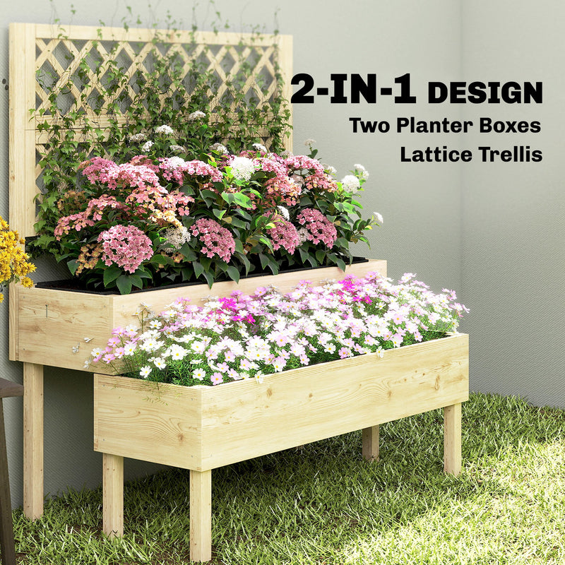 2 Tier Wooden Raised Garden Bed with Trellis for Easy Planting and Climbing Support, Natural Wood Finish Outsunny