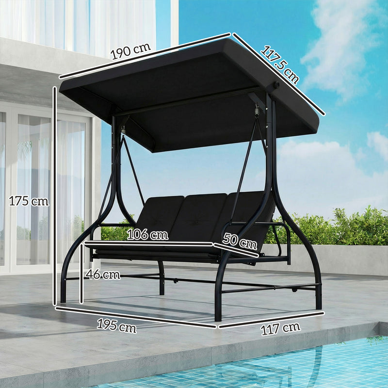 3 Seater Garden Swing Seat with Adjustable Canopy and Fold Flat Bed for Outdoor Relaxing Black