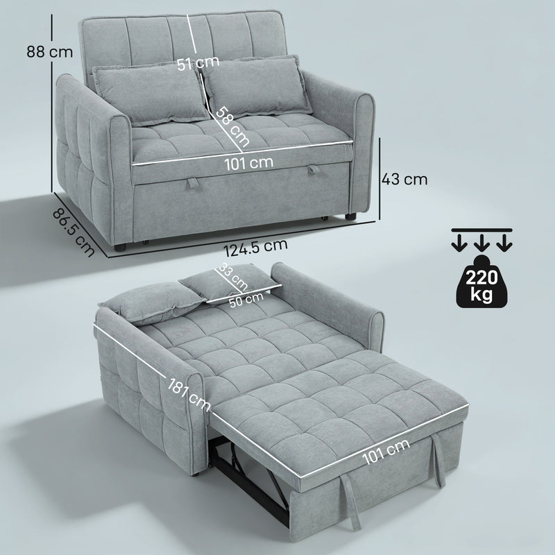 Sofa Bed, 3 in 1 Dark Grey 2 Seater Pull Out Sofa Bed With Adjustable Backrest And Pillows For Small Spaces