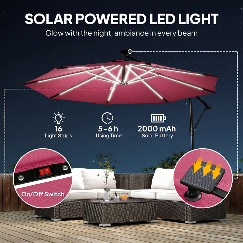 Cantilever Parasol with Lights and Adjustable Shade for Patios, Free Rain Cover, Wine Red