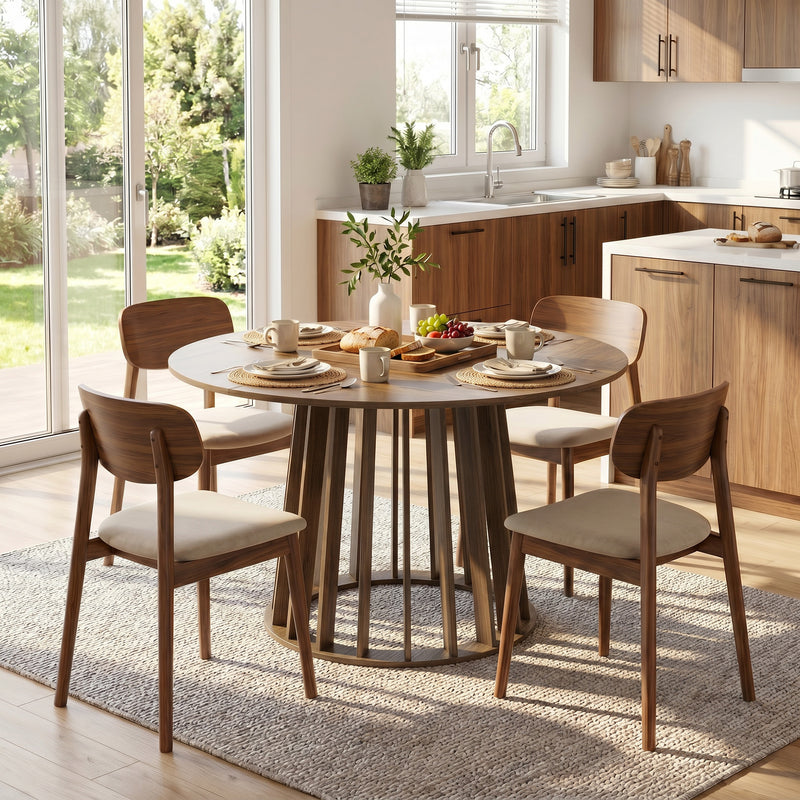 Round Dining Table for Easy Family Meals Wipe Clean Surface Seats 4 to 6 Light Walnut