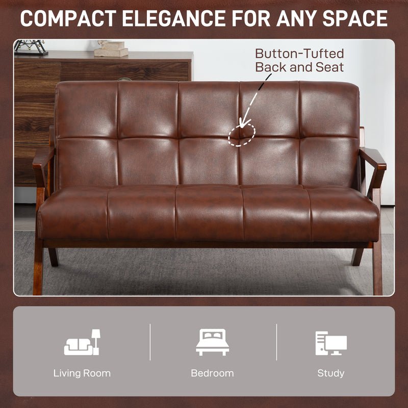 Compact 2 Seater PU Leather Sofa With Tufted Back And Wooden Legs For Home Office Brown