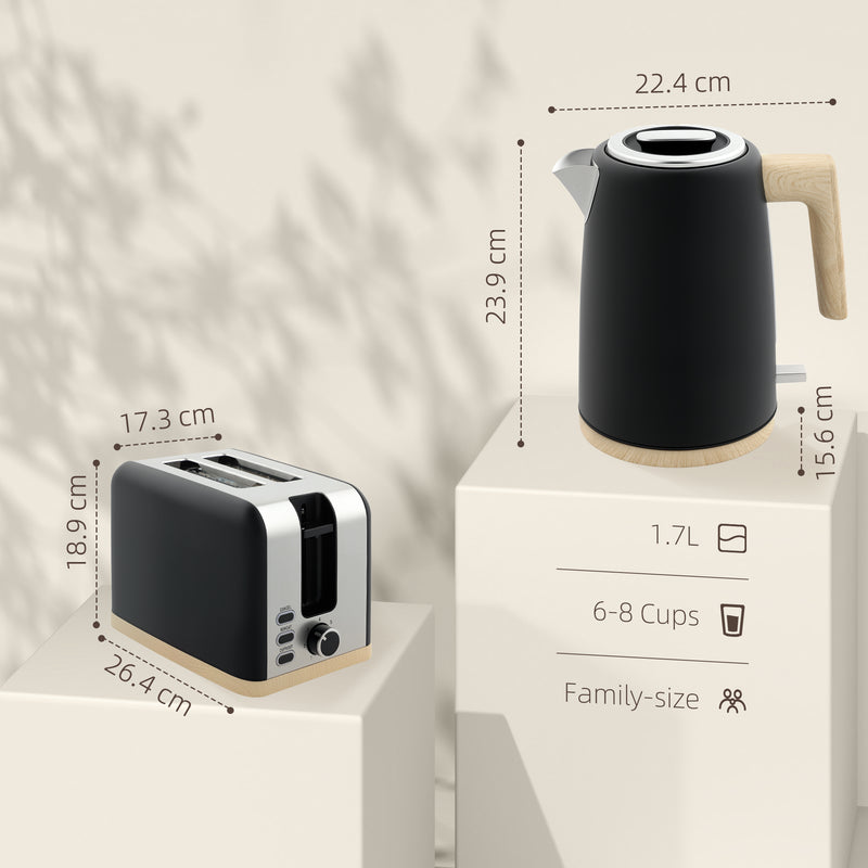 Black Cordless Kettle and Toaster Set 1.7L Fast Boil 3000W with 7 Browning Levels by HOMCOM