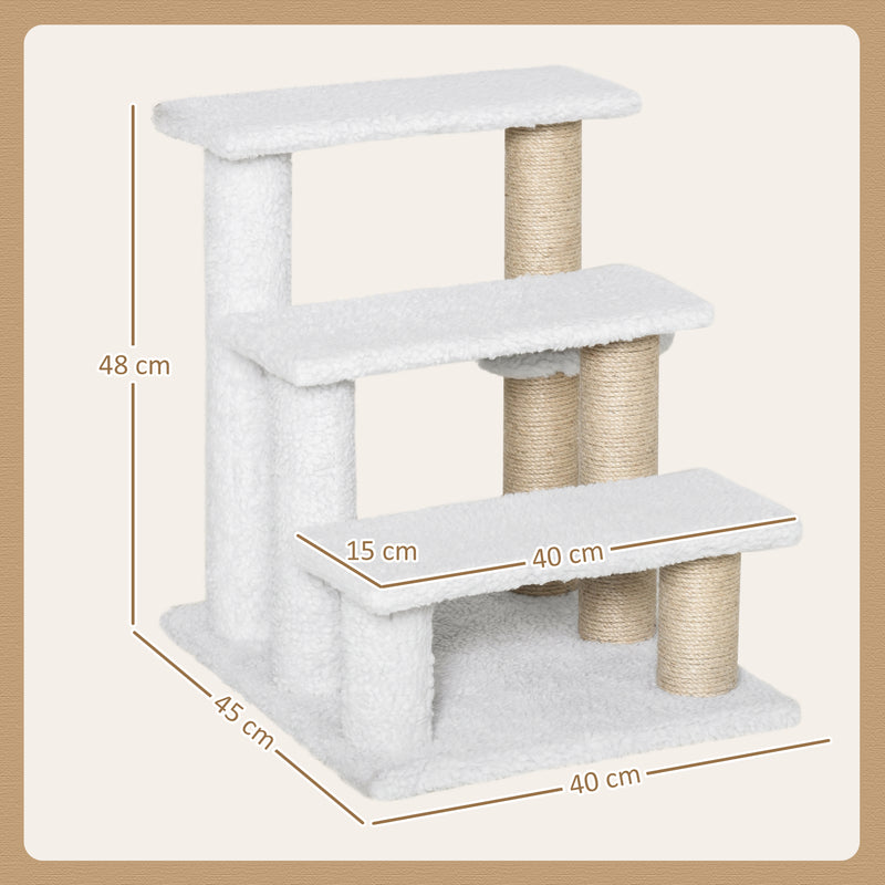 3 Step Cat Climbing Ladder With Scratching Posts and Toy Ball For Indoor Use, White