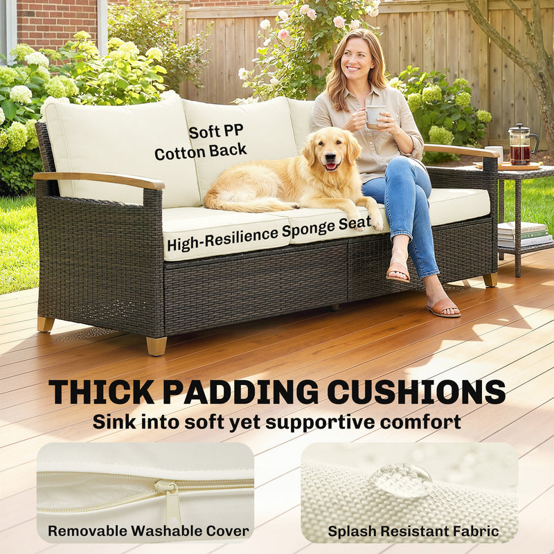 3 Seater Brown Rattan Garden Sofa with Deep Cushions & Removable Covers Outsunny