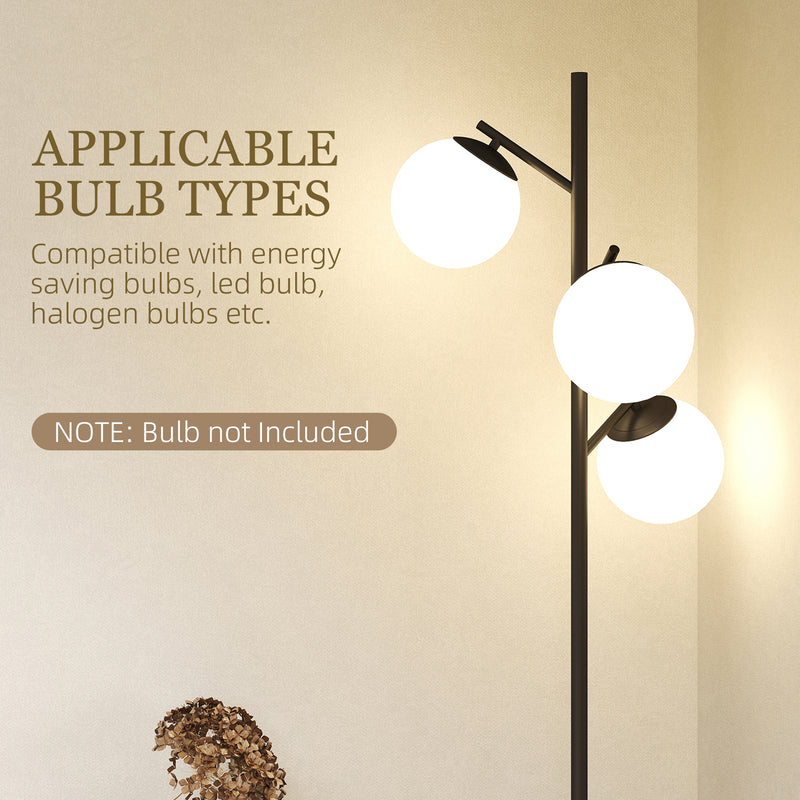Modern 3 Light Tree Floor Lamp with Globe Shades Ideal for Living Room or Bedroom, Black