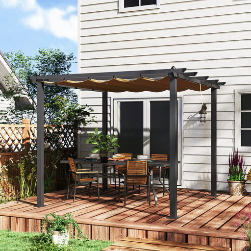 Khaki 3 x 3m Aluminium Pergola with Retractable Roof for Garden and Patio by Outsunny