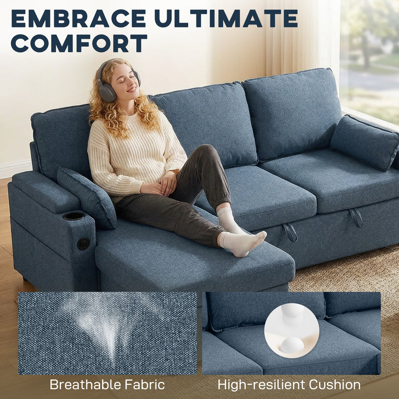 Corner Sofa Bed with Storage and USB Charging for Small Living Rooms Blue AOSOM