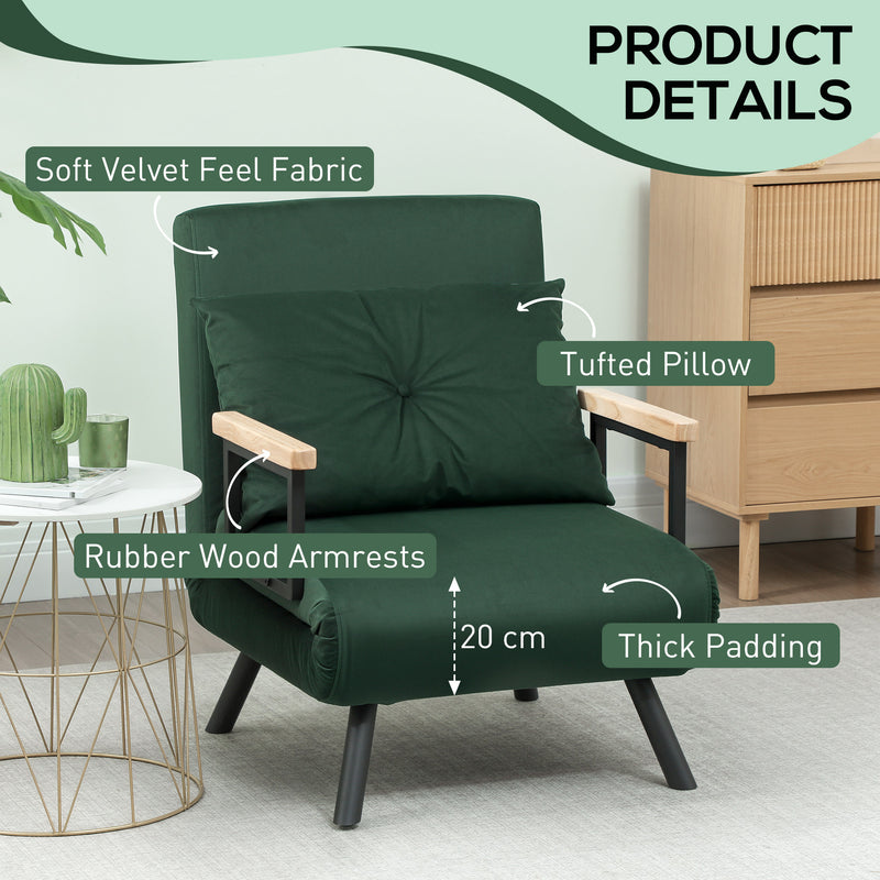 4 in 1 Velvet Feel Single Chair Bed with Pillow Converts to Lounger or Sleeper, Green