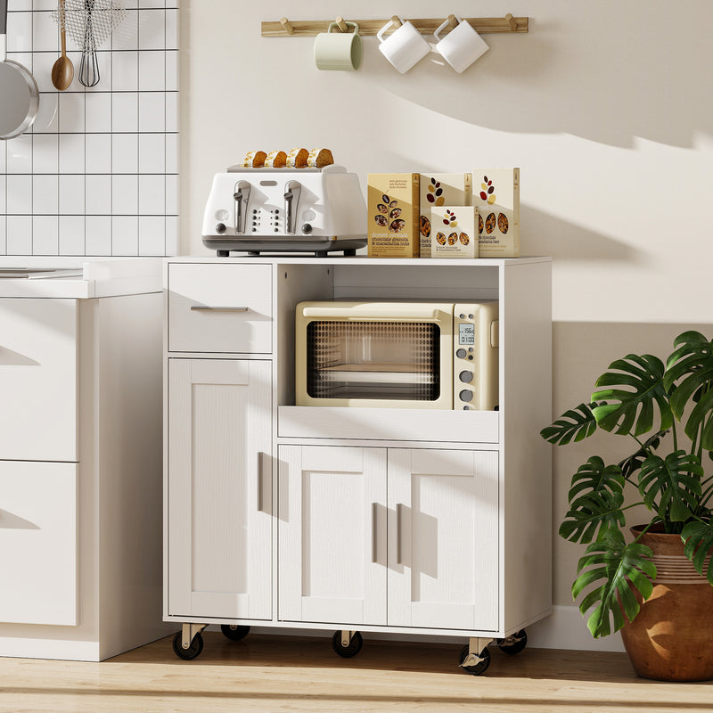 Kitchen Storage Trolley with Sliding Microwave Shelf and Lockable Wheels White Homcom