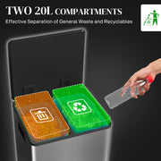 Kitchen Pedal Bin with Dual 20L Compartments for Easy Rubbish and Recycling Silver Tone AOSOM
