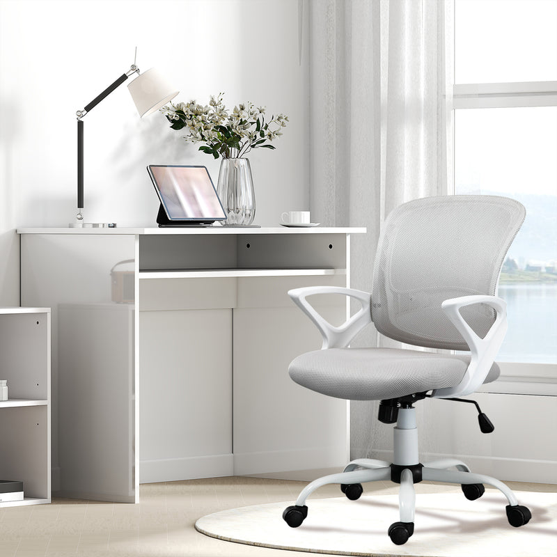 Home Office Chair and Computer Desk Set With Storage Shelf for Study or Work, White and Grey