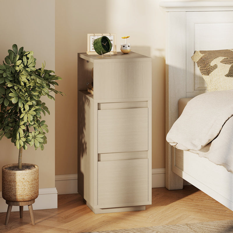 Slim Bedside Table With Open Shelf and Two Drawers for Bedroom Storage Natural Wood Finish