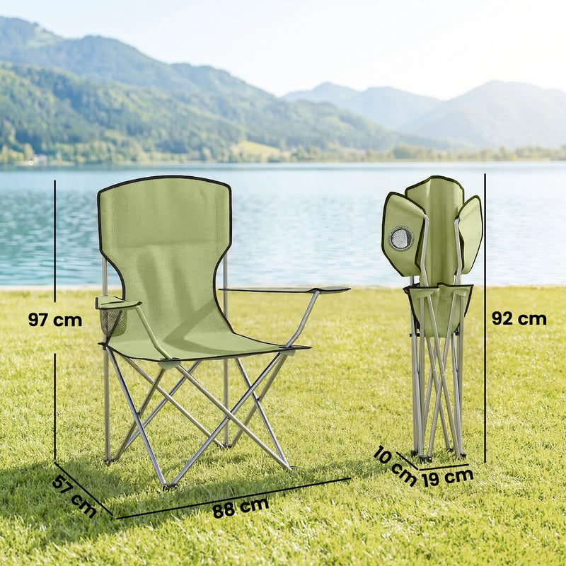 Folding Camping Chair Set of 2 with Wide Seat and Cup Holder for Garden or Trips Army Green