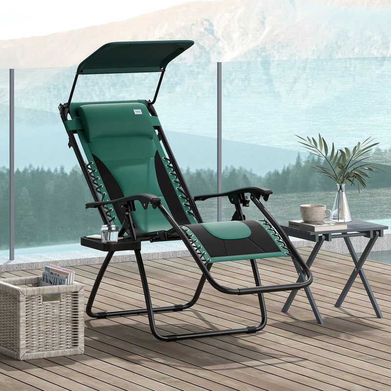 Green Zero Gravity Reclining Outdoor Sun Lounger with Shade Cup Holder and Cushion by Outsunny