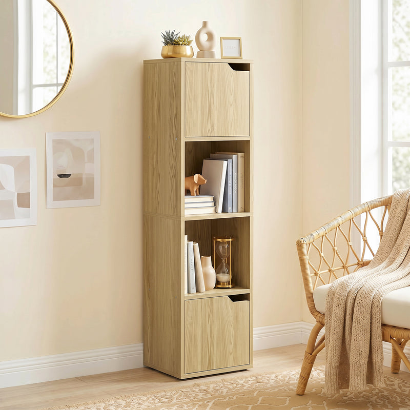 Slim Corner Bookcase with Shelves and Cabinets for Small Spaces Oak