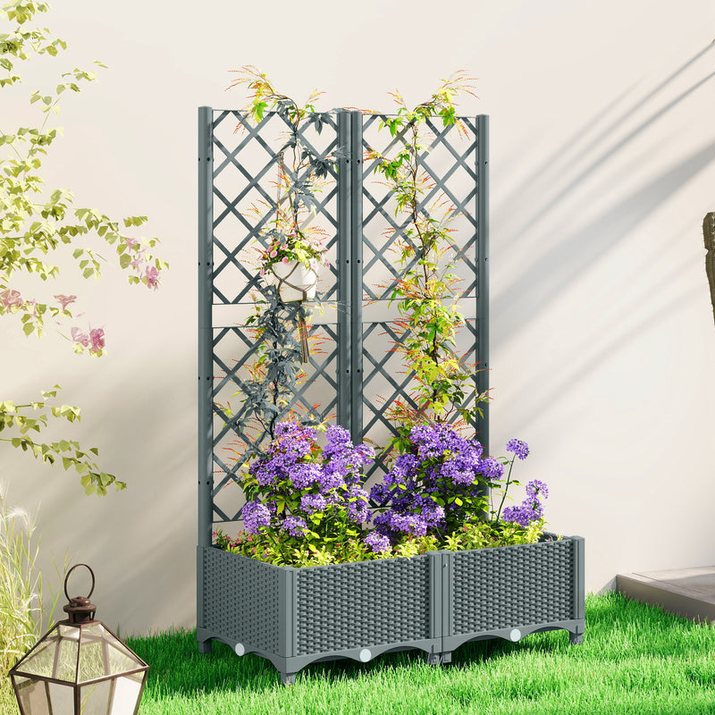 Raised Garden Bed with Trellis and Water Reservoir for Climbing Plants and Veggies Grey Outsunny