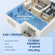 9000 BTU Portable Air Conditioner with Dehumidifier Timer and Wheels for Rooms up to 28m² White