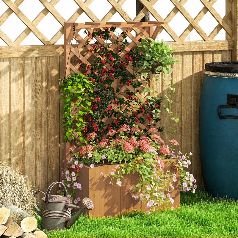 Wooden Planter with Trellis Raised Garden Bed with Liner for Vegetables and Flowers by Outsunny