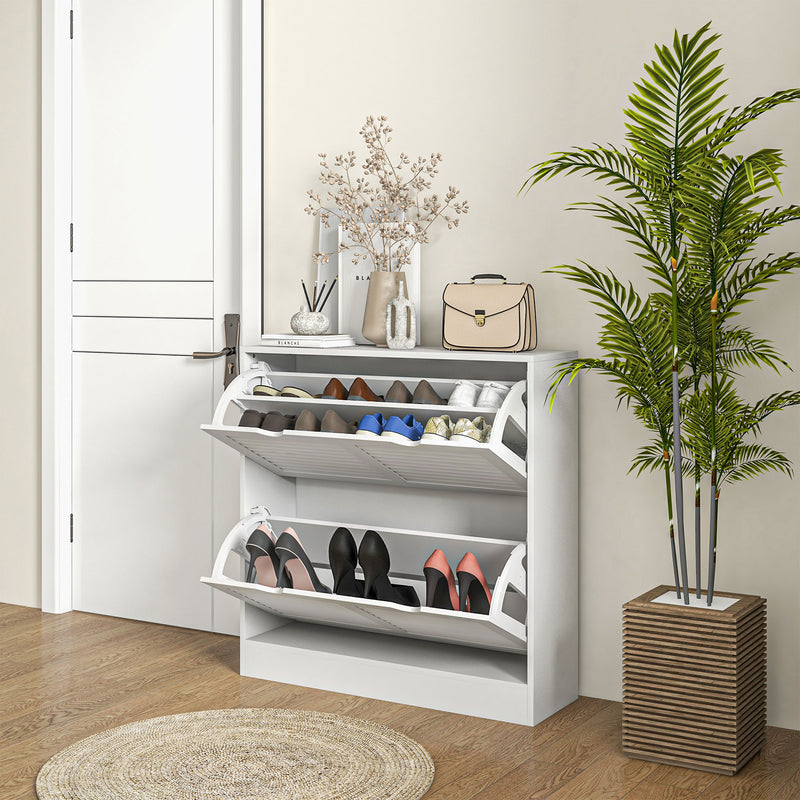 White Narrow Shoe Cabinet with 2 Flip Drawers and Adjustable Shelves for 16 Pairs by HOMCOM