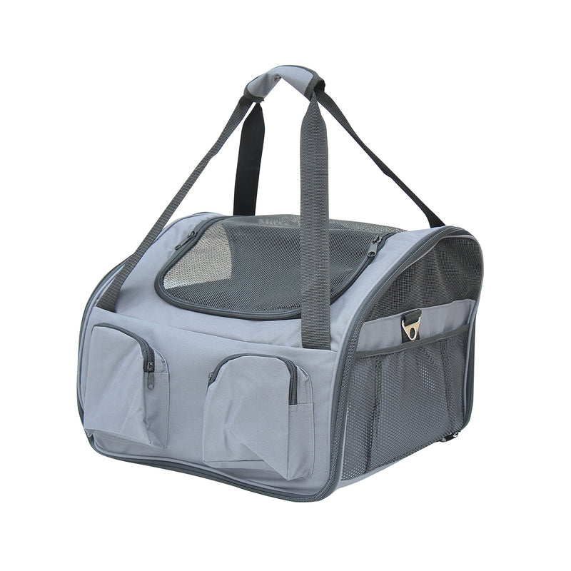 Portable Folding Pet Carrier and Car Seat for Cats and Small Dogs with Mesh Sides, Grey