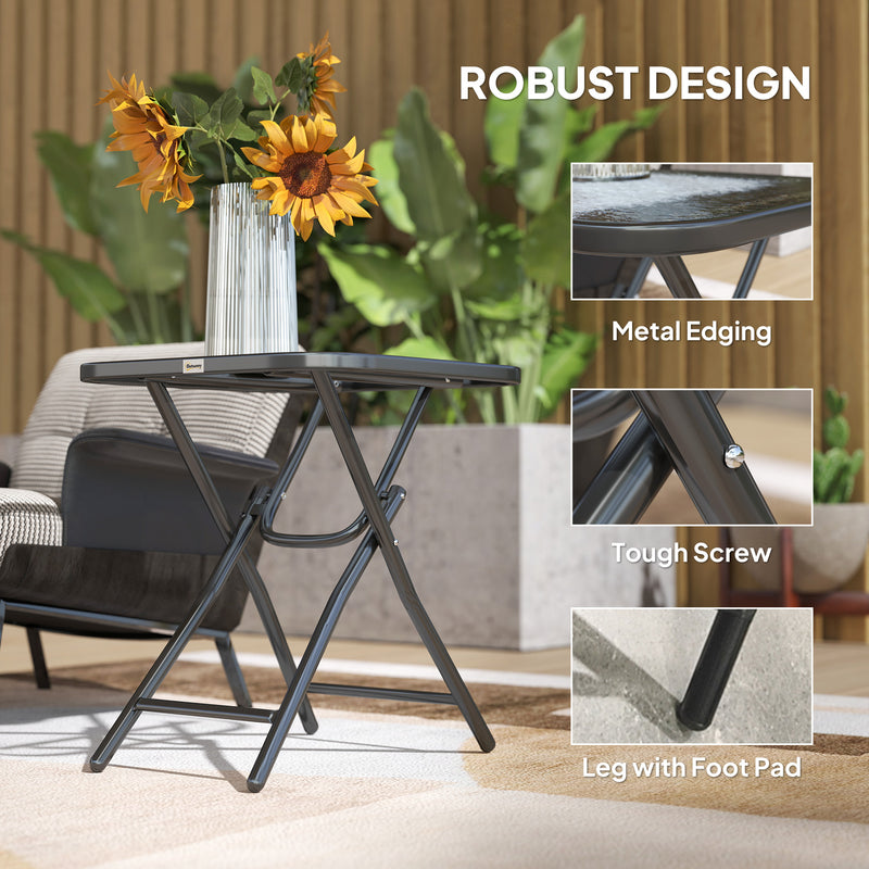 Folding Garden Side Table with Ripple Glass Top for Patios and Balconies Black