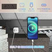 King Size Metal Bed Frame with LED Lights Charging Station and Under Bed Storage Black