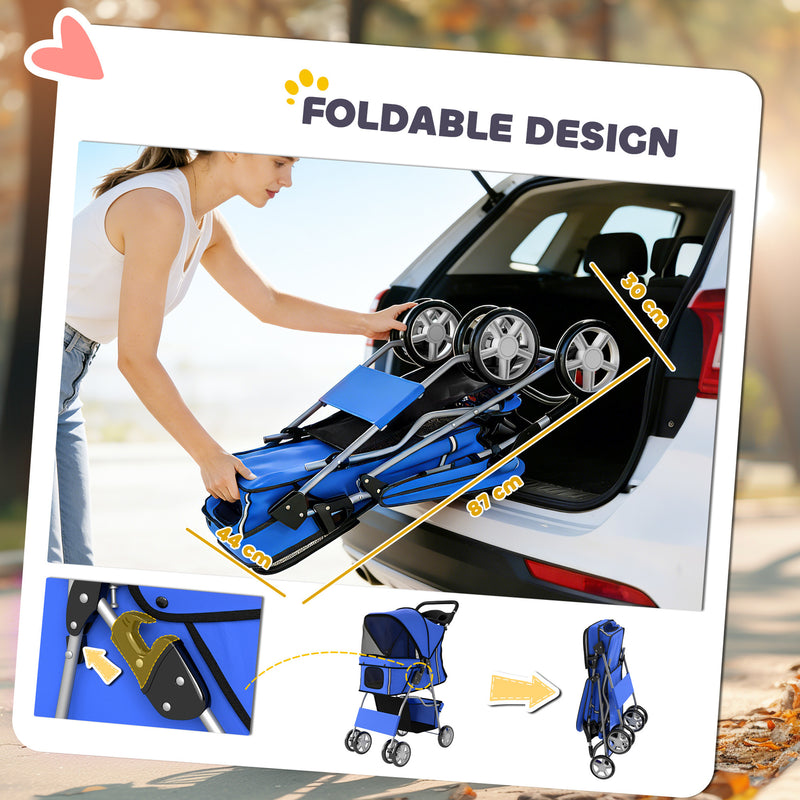 Pet Stroller for Small or Elderly Pets with Foldable Frame and Mesh Windows Blue