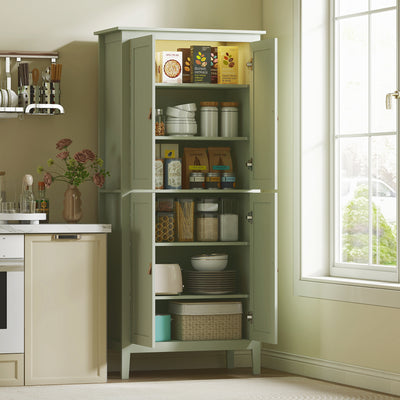 Tall Kitchen Pantry Cupboard with Motion Sensor LED Light for Storage Organisation Green