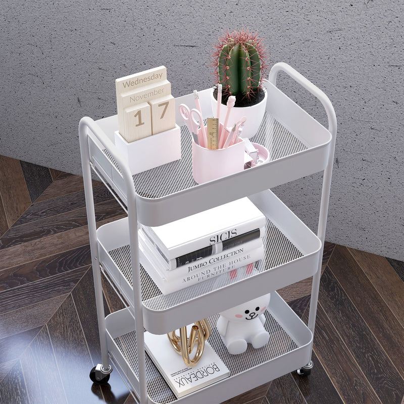 White Three Tier Steel Rolling Storage Trolley with Lockable Wheels