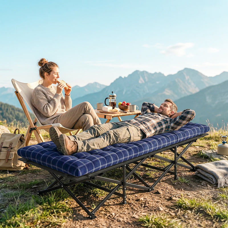 Folding Camping Bed with Extra Wide Surface and Removable Padded Mattress Blue